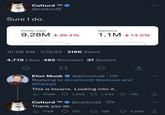 Catturd ™M @catturd2 Sure I do. Profile visits 9.28M 39.4% 10:08 AM 1/19/23 316K Views . 4,778 Likes 482 Retweets 37 Quotes 27 Mentions 1.1M 14.0% Elon Musk @elonmusk. 17h Replying to @catturd2 @amuse and @Twitter This is bizarre. Looking into it. il₁409K 1,353 1,343 Catturd ™M Thank you sir. ₁172K @catturd2 17h 175 158 ↑ 17K : ... 4,564 企