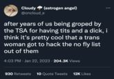 Cloudy (estrogen angel) @oncloud_e after years of us being groped by the TSA for having t--- and a d---, i think it's pretty cool that a trans woman got to hack the no fly list out of them 4:03 PM Jan 22, 2023 · 204.3K Views ● 930 Retweets 10 Quote Tweets 12K Likes