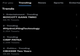 For you Trends Trending News 1. Entertainment. Trending BOYCOTT GANG TMKC 88.7K Tweets 2. Trending #HydroLiftingTechnology 2,354 Tweets 3. Trending CIMP PATNA 2,298 Tweets 4. Politics Trending CBI4SSR Two Years 28.6K Tweets Sports Enterta : : : :
