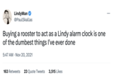 LindyMan @PaulSkallas Buying a rooster to act as a Lindy alarm clock is one of the dumbest things I've ever done 5:47 AM Nov 20, 2021 163 Retweets 23 Quote Tweets 3,515 Likes