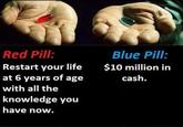 Red Pill: Restart your life at 6 years of age with all the knowledge you have now. Blue Pill: $10 million in cash.