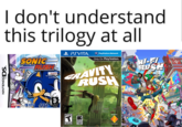 I don't understand this trilogy at all NINTENDO DS N Nintendo SONICE RUSH SONIC TEAM TM Joypad "Un Sonic comme on les dime SEGA 3+ www.pep. PSVITA PlayStation Network Only On PlayStation. GRAVITY RUSH TEEN CONTENT RATED ESRD Memory Required 4 MB TM SONY SEVIRE POLA TRA FRANC HI-FI KUCH 105 PORTION