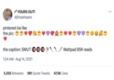 r7 YOURS OUT! @jhopetapes pinterest be like the pic: the caption: SMUT 18 18 18 1:34 AM. Aug 14, 2021 Wattpad 85K reads 5,555 Retweets 981 Quote Tweets 47.5K Likes D : ...
