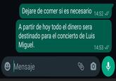 Dejare de comer si es necesario 14:52 </ A partir de hoy todo el dinero sera destinado para el concierto de Luis Miguel. • Mensaje 14:53 ✓/