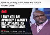 Embiid seeing Chet miss his whole rookie year: FF I OWE YOU AN APOLOGY. I WASN'T REALLY FAMILIAR WITH YOUR GAME. SHAQ TO CHRISTIAN WOOD AFTER HIS 27-POINT PERFORMANCE VS. THE SPURS