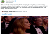 Zach Kornfeld @korndiddy : persian roman roy @theronfilm. Feb 19 no way this is real Show this thread ... This has fully consumed my brain. I replay it every time it crosses my timeline. I search for it in quiet moments. I've seen it 84 times and it still titillates like new. I will sing it on my deathbed. Angela Bassett did the thing. It is all I know now.
