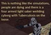 This is nothing like the simulations, people are dying and there is a four armed light saber weilding cyborg with Tuberculosis on the loose.