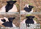 I AM THE DARKNESS OH, YOU WANT CUDDLES? BUT I AM STILL OK, I GIVE CUDDLES THE DARKNESS