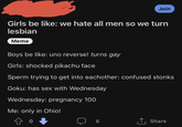Girls be like: we hate all men so we turn lesbian Meme Join Boys be like: uno reverse! turns gay Girls: shocked pikachu face Sperm trying to get into eachother: confused stonks Goku: has sex with Wednesday Wednesday: pregnancy 100 Me: only in Ohio! 0 8 ↑ Share