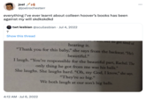 joel @joelrochesterr everything i've ever learnt about colleen hoover's books has been against my will skdkskdkd twt lesbian @scullesbian Jul 4, 2022 ? Show this thread wan ner to get tired of hearing it. "Thank you for this baby," she says from the backseat. "He's beautiful." I laugh. "You're responsible for the beautiful part, Rachel. The only thing he got from me was his balls." She laughs. She laughs hard. "Oh, my God, I know," she says. "They're so big." We both laugh at our son's big balls. 4:12 AM Jul 6, 2022 ...