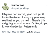 Jordan Peterson Chinese Factory (tweet meme) warrior cop @wyatt_privilege Uh yeah hon sorry I, yeah no I get it looks like I was closing my phone up real fast as you came in. There's this vid going around where it's like, do you know who Jordan Peterson is 9:17 PM Mar 11, 2023 40.6K Views ●●● ●