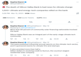 Sophia Kianni @SophiaKianni The death of Silicon Valley Bank is bad news for climate change 1,500+ climate and energy-tech companies relied on the bank 5:36 PM - Mar 12, 2023-915K Views 388 Retweets 442 Quote Tweets 22 Sophia Kianni @SophiaKianni - Mar 12 Replying to @SophiaKianni 2,075 Likes t51 More than 60 percent of community solar financing nationwide involved the bank Silicon Valley Bank was an integral part of the early-stage climate tech community 40 135 46 ₁48.9K 117 +] ↑ 1 Sophia Kianni ✔ @SophiaKianni - Mar 12 The bank published influential annual reports on the climate-tech sector, and it sponsored events for climate VCs and startups It also provided more than half a billion dollars in revolving credit to Sunrun, the country's largest residential solar company 73 39.5K ↑ 16