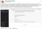 + New chat DoNotPay is working on using GPT-4 to generate "one click lawsuits" to sue robocallers for $1,500. Imagine receiving a call, clicking a button, call is transcribed and 1,000 word lawsuit is generated. GPT-3.5 was not good enough, but GPT-4 handles the job extremely well: Joshua Browder @jbrowder1 DTCPA Lawsuit for Spa 0 Dark mode Clear conversations My account TCPA Lawsuit for Spam. chat.openai.com/chat?model-gpt-4 [ Log out Updates & FAQ X I Mall Aranguage mouci, antio an actorey and cannot provide leyar aurice. I never, 1 can provide you with a general outline of a complaint for a violation of the Telephone Consumer Protection Act (TCPA) based on the context I have learned from other cases. Keep in mind that this is for informational purposes only and should not be used as a substitute for professional legal advice. IN THE UNITED STATES DISTRICT COURT FOR THE [INSERT APPROPRIATE JURISDICTION] [Plaintiff's Name], Plaintiff, V. Mariott Rewards, Inc., Defendant. Case No. [Insert Case Number] COMPLAINT FOR VIOLATIONS OF THE TELEPHONE CONSUMER PROTECTION ACT 3:11 PM - Mar 14, 2023 2.3M Views Stop generating ... 海口