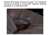 Drake the type of guy to say "I'm feeling "" before falling snug as a bug in a rug asleep in a silk bonnet Conte