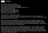 Balaji @balajis THE PRINTING IS COMING It's on you, the citizen journalist. You need to make people aware. They were printing "only" $25B on March 12. Then $2T on March 16. Now it's $18T on March 21. Eventually it will be / 21M. Then you may have nothing. Unless you have Bitcoin. : THE STEALTH DEVALUATION I'm going to post these kinds of polls routinely, because things are moving extremely fast. When I put up the #Bitsignal[1] many people were denying any crisis existed. Now it is clear that a digital fire is burning, as the Federal Reserve is printing money to the tune of trillions to send to both domestic banks (via BTFP) [2,3,4] and foreign banks (via swaplines) [5,6] while publicly reassuring people that the banking system is still resilient[7]...something you'd never have to do if it really was. But in reality, they're doing a stealth devaluation of the dollar. As Dalio predicted they would, to pay unpayable debts- but at warp speed. They didn't have strategic surprise, but they did have tactical surprise. They're doing it under fog of war, in the chaos of bank runs. But whether done intentionally or not, acknowledged or not, the dollar holder is soon to become the bagholder.