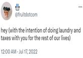 III 4 @fruitdotcom hey (with the intention of doing laundry and taxes with you for the rest of our lives) 12:00 AM Jul 17, 2022