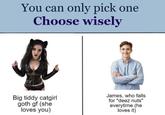 You can only pick one Choose wisely Big tiddy catgirl goth gf (she loves you) James, who falls for "deez nuts" everytime (he loves it)