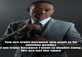 You are trans because you want to be another gender, I am trans because I want to double jump, We are not the same