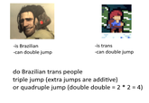 -is Brazilian -can double jump -is trans -can double jump do Brazilian trans people triple jump (extra jumps are additive) or quadruple jump (double double = 2 * 2 = 4)