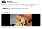 Open Letter to Pause AI (meme) Emm @emmanuel_2m We should absolutely pause the developpement of Al models for the next 6 months Pete Text to video. It's so over. @nonmayorpete · Mar 28 0:19 4.1M views 11:44 PM Mar 28, 2023 85.8K Views