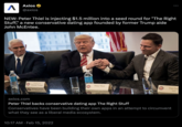 Axios A @axios NEW: Peter Thiel is injecting $1.5 million into a seed round for "The Right Stuff," a new conservative dating app founded by former Trump aide John McEntee. President-elect Donald Trump Doub Peter Thiel 10:17 AM Feb 15, 2022 BGIGL LUIGI Tim Coo Apple axios.com Peter Thiel backs conservative dating app The Right Stuff Conservatives have been building their own apps in an attempt to circumvent what they see as a liberal media ecosystem.