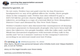 opening day appreciation account @Convolutedname Masterful gambit, sir To cut costs, Twitter has not paid rent for its San Francisco headquarters or any of its global offices for weeks, three people close to the company said. Twitter has also refused to pay a $197,725 bill for private charter flights made the week of Mr. Musk's takeover, according to a copy of a lawsuit filed in New Hampshire District Court and obtained by The New York Times. Twitter's leaders have also discussed the consequences of denying severance payments to thousands of people who have been laid off since the takeover, two people familiar with the talks said. And Mr. Musk has threatened employees with lawsuits if they talk to the media and “act in a manner contrary to the company's interest,” according to an internal email sent last Friday. rat king @MikeIsaacDec 13, 2022 Alex Spiro, Musk's top personal lawyer who initially took over Vijaya Gadde's job, is out at Twitter. story on the legal travails over there lately nytimes.com/2022/12/13/tec... ...