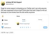 Win98Tech windows 98 Tech Support @Win98 Tech Doge for some reason is showing up on Twitter and I can only assume this was supposed to be an April Fools joke that took 3 days to roll out because no one knows how the site works anymore 20+ Home # Explore Notifications 1:39 PM . Apr 3, 2023 Home For you What's happening? O Following Tweet : ...