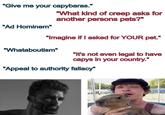 "Give me your capybaras." "Ad Hominem" "What kind of creep asks for another persons pets?" "Imagine if I asked for YOUR pet." "Whataboutism" "It's not even legal to have capys in your country." "Appeal to authority fallacy" 3553