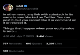rohit @krishnanrohit In other news, any link with substack in its name is now blocked on Twitter. You can post it, but you cannot like it or comment on it or retweet it. Things that happen when your equity value is zero ... 4:01 AM. Apr 7, 2023 2.4M Views ● 767 Retweets 610 Quotes 3,297 Likes 182 Bookmarks
