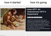 how it started imgflip.com how it's going Auto-GPT: An Autonomous GPT-4 Experiment Stars 2.3k Follow @siggravitas Auto-GPT is an experimental open-source application showcasing the capabilities of the GPT-4 language model. This program, driven by GPT-4, autonomously develops and manages businesses to increase net worth. As one of the first examples of GPT-4 running fully autonomously, Auto-GPT pushes the boundaries of what is possible with Al.