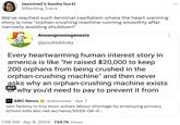 Jasmine('s boobs hurt) @Ranting_Trans We've reached such terminal capitalism where the heart warming story is now "orphan crushing machine running smoothly after narrowly avoiding shutdown" Anosognosiogenesis @pookleblinky Every heartwarming human interest story in america is like "he raised $20,000 to keep 200 orphans from being crushed in the orphan-crushing machine" and then never asks why an orphan-crushing machine exists ALT Of why you'd need to pay to prevent it from ABC News @abcnews. Apr 7 Jam factory in tiny town solves labour shortage by employing primary school kids abc.net.au/news/2023-04-0... 1:56 AM . Apr 8, 2023 729.7K Views ...