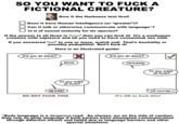 SO YOU WANT TO F--- A FICTIONAL CREATURE? Give it the Harkness test first! Does it have Human Intelligence (or "greater")? Can it talk or otherwise communicate with language*? Is it of sexual maturity for its species? If the answer to all three is "yes" then you can f--- it! It's a nonhuman creature with sapience and all you need to have consentual sex with. If you answered "no" to one or more, watch out! That's b--------- or possibly p---------! Don't f--- it! Here is an illustrated guide: X Are you an adult? HISS! Do you want to f---? GRONK! DO NOT F--- THIS Are you an adult? Certainly. Do you want to f---? Of course~! It's OK to f--- this! *Body language is a dangerous road. As always, err on the side of caution. Only rely on body language if both parties have attempted communication through different means and failed due to language barriers and other special situations.