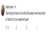 Taylor Lorenz 14h I like having the chance to chat with all the people I never see anymore on Twitter bc it's too crowded with spam! S 15