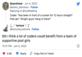Quarshmar Jun 4, 2022 @stevo_berntson . Follow Replying to @coldhealing Coder: *has been in front of a screen for 12 hours straight* Pool girl: "Alright guys! Hang in there!" torture S @torturesyndrome. Follow tbh I think a lot of coders could benefit from a team of supportive pool girls 12:31 PM Jun 4, 2022 5.8K Reply Copy link to Tweet
