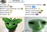• BOWIE. @BowieTheBozo Gnap Bleeble Blek squeeble Schrelb Wizzled Flubb $ Greemish shloo Thlok Broookert Vlup sceepy Shiv Skeepe Schoolk
