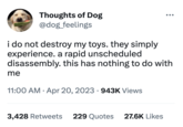 Thoughts of Dog @dog_feelings me i do not destroy my toys. they simply experience. a rapid unscheduled disassembly. this has nothing to do with 11:00 AM - Apr 20, 2023 · 943K Views ●●●. 3,428 Retweets 229 Quotes 27.6K Likes