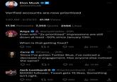 Elon Musk @elonmusk Verified accounts are now prioritized 1:20 AM 4/25/23 41.1M Views 17.3K Retweets 7,355 Quote 256K Likes Anya & @anyatrades 20h Even with "2x prioritized" impressions are still down at least -50% since January 13th. When is that getting fixed? 178 149 64 Cerra @Cerra -20h Since I've gotten Twitter Blue, I've noticed a decrease in engagement. Has anyone else noticed the same? 125 652 145 100 25 ₁244K Jack Lombardi II @JackLombardi - 20h 60000 follower, Tweet gets 15 likes. Something isn't right. 890 ₁14.9K ↑ ↑ ₁380K ↑