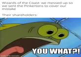 Wizards of the Coast: we messed up so we sent the Pinkertons to cover our mistake Their shareholders: made with mematic YOU WHAT?!