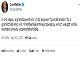 Dan Rather @DanRather In 50 years, a grandparent will try to explain "Dark Brandon" to a grandchild who will find the the entire process by which we got to this moment utterly incomprehensible. 5:23 PM Apr 30, 2023 155.2K Views . 821 Retweets 44 Quotes 7,649 Likes 18 Bookmarks