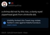 @destroyafrica a shrimp did not fry this rice, a slanty eyed zipperhead g--- from chinkville did. . Visibility limited: this Tweet may violate Twitter's rules against Hateful Conduct. Learn more 08:31 5/4/23 from Earth. View
