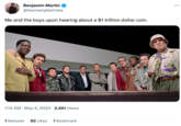Benjamin Martin @toomanybennies Me and the boys upon hearing about a $1 trillion dollar coin. 1:14 AM. May 4, 2023 2,991 Views 1 Retweet 82 Likes 1 Bookmark ...