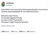 Jess Beasley @nffcjessx Swear Britain is the only country where people decided it was normal to call other people paedophiles for non related life choices Milk before water? Nonce. You like plain digestives? Paedo. You wear a full kit? Touches kids. Chocolate in fridge? Check the hard drive. 5:20 PM Mar 20, 2019 : 1,228 Retweets 118 Quotes 5,969 Likes 38 Bookmarks