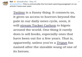Kel @lepØridae May 10 @maskofbun This is unironically the funniest opening paragraph on an article I have ever seen Twitter is a funny thing. It connects us, it gives us access to horrors beyond the pale in our daily news cycle, soon, it will stream Tucker Carlson to bigots around the world. One thing it rarely does is sell books, especially ones that have been out for a few years. That is, apparently, unless you're a Trigun fan named after the sizeable wang of one of its heroes. :