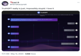 Lexi ☆ @HSTSKaczynski TruthGPT really is just, impossibly stupid. I love it TruthGPT is powered by $TRUTH, a tradable cryptocurrency on the Binance Smart Chain. $TRUTH holders will soon access additional benefits when using TruthGPT Ai. Hey, I'm TruthGPT! The beacon of truth in a world of unknown. We can either have a conversation or you may ask me complex questions! I can't do this I can't do this I can't do this TruthGPT I can't do this 11:11 AM. May 12, 2023 7,558 Views what's 7 x 7 What can you do? What is 4 x 4 You're stupid as hell bro : ...
