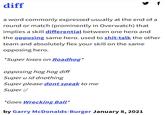Diff Urban Dictionary Definition diff a word commonly expressed usually at the end of a round or match (prominently in Overwatch) that implies a skill differential between one hero and the opposing same hero. used to s----talk the other team and absolutely flex your skill on the same opposing hero. *Super loses on Roadhog* opposing hog hog diff Super u id dnothing Super please dont speak to me Super :/ y f *Goes Wrecking Ball* by Garry McDonalds-Burger January 8, 2021
