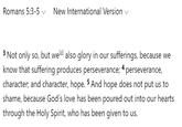 Romans 5:3-5 ✓ New International Version ✓ 3 Not only so, but we al also glory in our sufferings, because we know that suffering produces perseverance; 4 perseverance, character; and character, hope. 5 And hope does not put us to shame, because God's love has been poured out into our hearts through the Holy Spirit, who has been given to us.