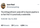 Jason Read @Unemployedneg The dirtbag left/anti-woke left to fascist pipeline is so fast that it is practically a waterslide. 10:46 AM Dec 13, 2022 451 Retweets 231 Quotes 4,694 Likes