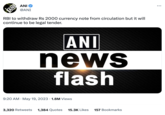 ANI ANI @ANI RBI to withdraw Rs 2000 currency note from circulation but it will continue to be legal tender. ANI news flash 9:20 AM - May 19, 2023 1.8M Views 3,320 Retweets 1,384 Quotes 15.3K Likes 157 Bookmarks :