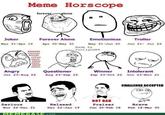 Meme Horscope Joker Mar 21-Apr 19 forever alone FFFFFFF FFFFFFF FFFFFF FFFUU UUUU UUUU Angry Jul 23-Aug 22 Forever Alone Apr 20-May 20 UUUU UUUU UUUU- Serious Nov 22-Dec 21 ON Questioner Aug 23-Sep 22 Made by Trollgod88 Relaxed Dec 22-Jan 19 MEMEBASE.COM Emotionless Troller May 21-Jun 20 Jun 21- Jul 22 Winner Intolerant Sep 23-Oct 22 Oct 23-Nov 21 CHALLENGE ACCEPTED NOT BAD Praiser Brave Jan 20-Feb 18 Feb 18-Mar 20