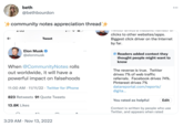 ← beth @bethbourdon community notes appreciation thread 2.36 Tweet Elon Musk @elonmusk When @CommunityNotes rolls out worldwide, it will have a powerful impact on falsehoods 11:00 AM 11/11/22 Twitter for iPhone 823 Retweets 91 Quote Tweets 13.8K Likes 3:29 AM Nov 13, 2022 I WILLOI clicks to other websites/apps. Biggest click driver on the Internet by far. UTIVE a mas TTINOT VI Readers added context they thought people might want to know The reverse is true. Twitter drives 7% of web traffic referrals. Facebook drives 74%. Pinterest drives 7% datareportal.com/reports/ digita... You rated as helpful Context is written by people who use Twitter, and appears when rated ... Edit
